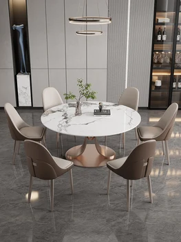 Легкий роскошный круглый стол, сочетание стульев, современная простая семья, маленькая семья, итальянский круглый стол из яркой каменной плиты высокого класса