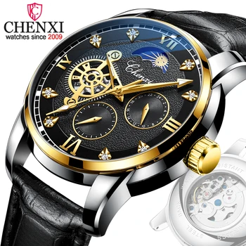 Часы роскошного бренда CHENXI Мужские Автоматические Механические часы с турбийоном Водонепроницаемые Кожаные Деловые наручные часы Relogio Masculino