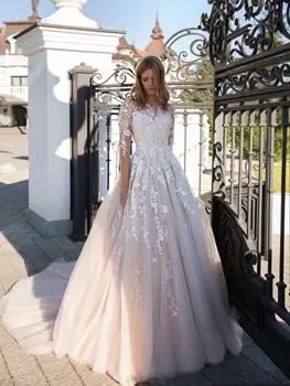Свадебное платье трапециевидной формы цвета шампанского с кружевной аппликацией, иллюзия О-образным вырезом и длинными рукавами, Свадебное платье на пуговицах сзади, Vestidos De Novia