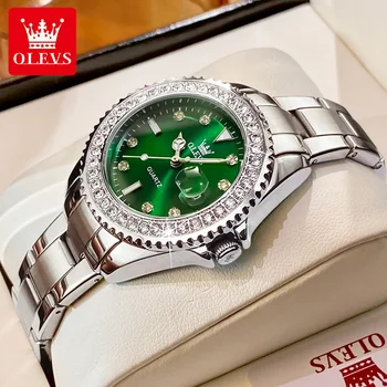 Женские кварцевые часы OLEVS с роскошными элегантными бриллиантами, стальной полосой, кожаным ремешком, светящимися водонепроницаемыми кварцевыми часами от ведущего бренда для женщин