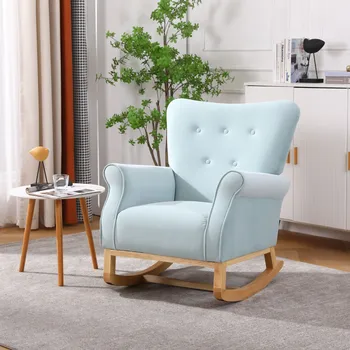 Кресло-качалка в стиле ретро середины века, обитое тканью, светло-голубого цвета