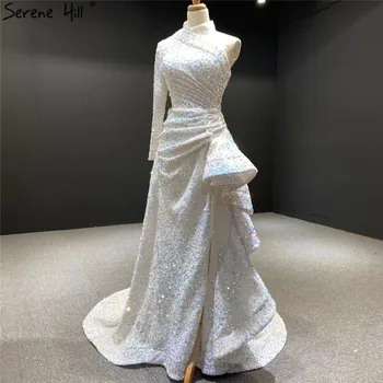 2023 Роскошное Вечернее Платье с блестками в стиле Русалки Из Дубая, Белое, На Одно плечо, Сексуальные Вечерние Платья Serene Hill BHM67056