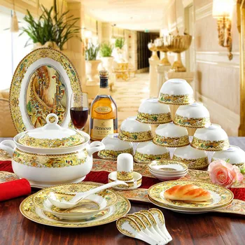 Китайский Легкий Роскошный набор посуды Wind Home Цзиндэчжэнь Полный Набор тарелок Керамическая чаша Палочки для еды Наборы подарочных тарелок для бизнеса