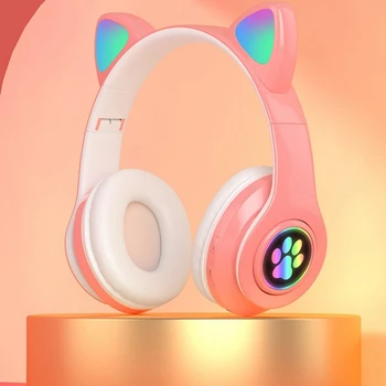 Новая гарнитура с кошачьими ушками с RGB подсветкой, 8-цветные Bluetooth-наушники, Большой громкоговоритель 3,5 мм, проводные наушники над ухом для бега и игры
