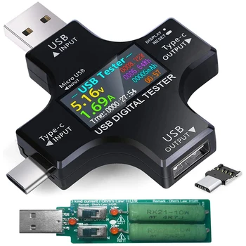 USB C Тестер 2 в 1 Type C USB Тестер Цветной Экран IPS Цифровой Мультиметр Напряжение Ток Мощность Температура с Загрузчиком
